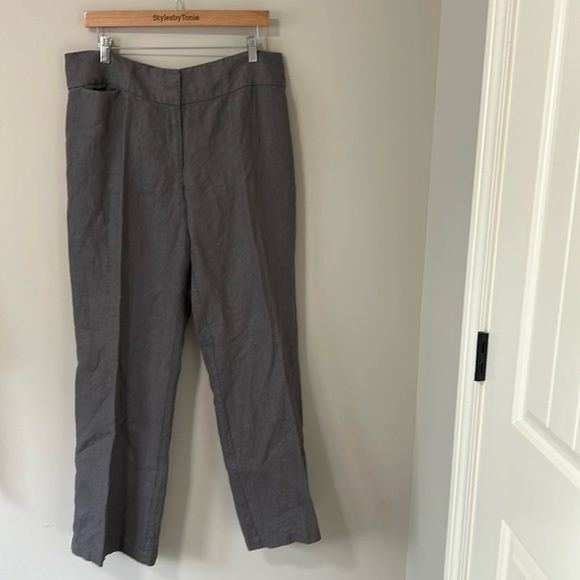 Eileen Fisher Linen Wide Leg Pant Dark Gray Zip Hook Closure Pocket Sz 14 - Picture 1 of 12